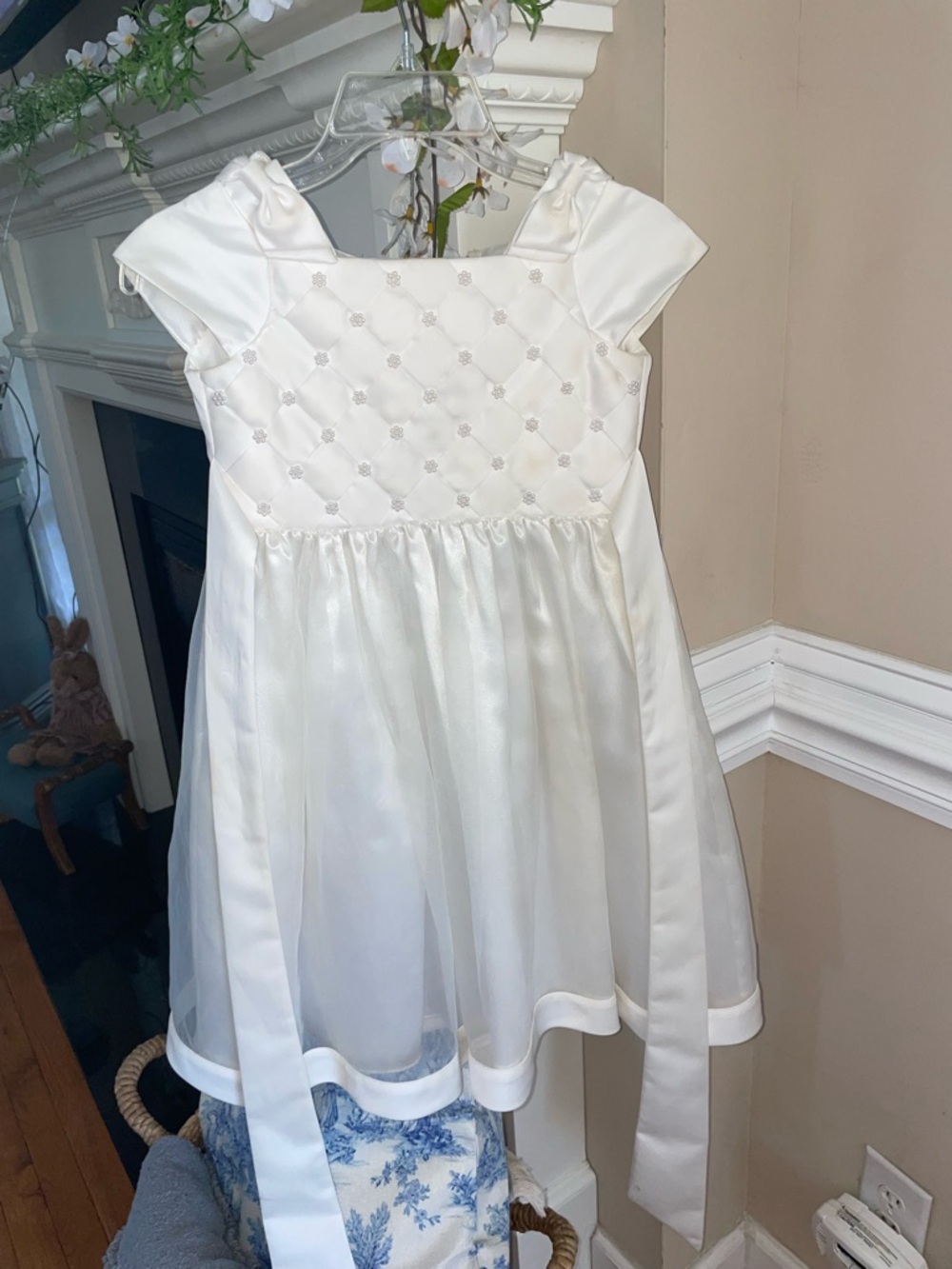 Cinderella White Satin Quilted Bodice Flower Accent Girls' Dress
